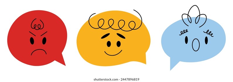 Speech bubble abstract comic faces with various Emotions. Crayon drawing style. Different colorful characters. Cartoon style. Flat design. Hand drawn trendy Vector illustration isolated on background