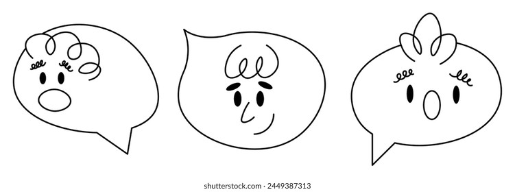 Speech bubble abstract comic faces with various Emotions. Outline lineart style. Different characters. Cartoon style. Flat design. Hand drawn trendy Vector illustration isolated on background