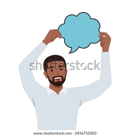 Speech bubble, advertising, communication concept. Young happy black man holding thought bubble. Flat vector illustration isolated on white background