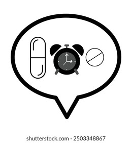 Sprechblase , Wecker, Pille und Kapsel-Symbol in grauer Schrift einzeln auf weißem Hintergrund.