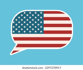 Burbuja del discurso con bandera estadounidense. Aprendiendo inglés. Hablando inglés americano. Escuela de educación en lengua extranjera. Declaración estadounidense en política. Punto de vista de EEUU. Ilustración del vector