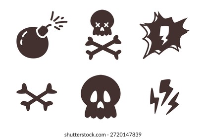 Burbuja de discurso con palabras enojadas, cráneo y huesos cruzados, bomba y relámpago. Vector aislado conjunto de iconos de ira para expresar el mal sentimiento, sentimientos negativos y explosión de emociones. Símbolos de rebelión