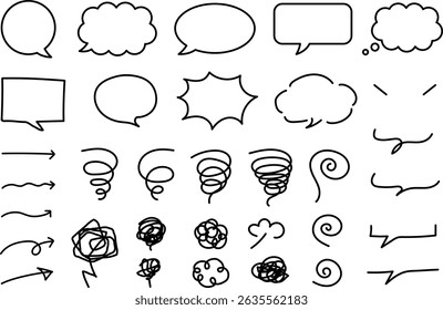 Speech bubble, arrow, and hazy icon material. Illustrated expression in manga. Hand-drawn vector material. Negative emotion marks such as hazy and anxious.