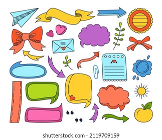 Speech bubble and arrows doodle cartoon set. Comic hand drawn doodles sketch design elements. Frame for text decor school and study, memoirs diary notebook. Comic Blank design apps and website vector