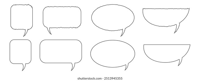 Speech bubble, speech balloon, chat bubble line art vector icon for apps and websites. Blank empty vector speech bubbles. Cartoon outline balloon word design. Set of hand drawn speech bubbles. EPS