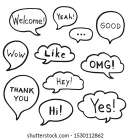 Speech bubble or balloon doodle drawing. Hand drawn chat clouds with words: Hi, Yes, Welcome, Thank you, OMG, WOW, Like
