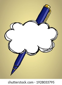 Burbuja del habla y bolígrafo aislado sobre el marrón amarillo. Marco en blanco de la ilustración del doodle del vector dibujado a mano con estacionería. Concepto de idea de lluvia de ideas.