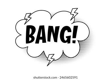 Speech bubble with bang inscription, comic style cloud, lightning bolts. Hand drawn sketch element with halftone shadow.
