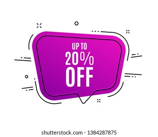 Speech bubble banner. Up to 20% off Sale. Discount offer price sign. Special offer symbol. Save 20 percentages. Sale tag. Sticker, badge. Vector