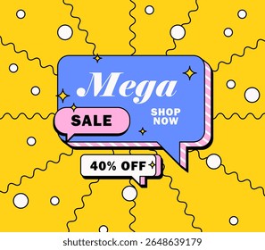 Banner de balão de fala promovendo uma mega venda com 40% de desconto. Apresenta elementos de design lúdico, incluindo texto em negrito, layout em estilo cômico, marketing de fundo ondulado amarelo, e-commerce, promoções de desconto