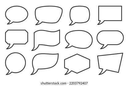 Speech bubble banner set, line style. Different abstract geometric shape, cloud, balloon. Blank linear speak sign for text, chat, message, communication, talk, dialog. Empty label template, frame
