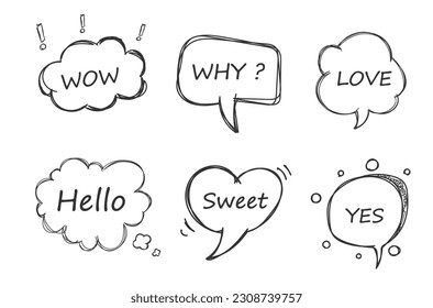 Speech bubble banner set. Yes, Wow, Love, Why, Awesome, Hello, Sweet. Retro empty comic bubbles and elements with black halftone shadows. Hand drawn doodle. Vector illustration, EPS 10.