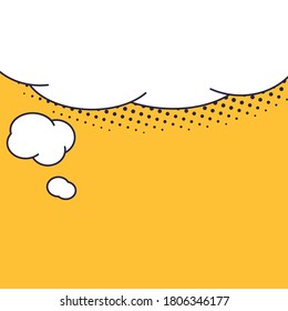 Speech bubble banner with space for phrases. Cartoon white comic bubble with empty space for speech phrases, conversation text and words on yellow background with dotted shadow in vector illustration.