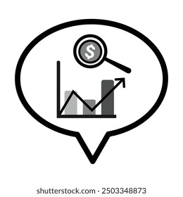 Speech bubble , bar graph, magnifying glass and dollar sign coin icon in grey scale isolated on white background.