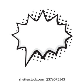 Speech bubble barbed shape with dots rays in pop art style. Comic style dialog balloon template. Hand Drawn vector illustration with outline. Isolated on white background