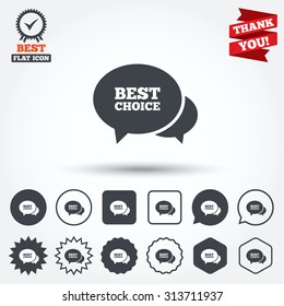 Speech bubble best choice sign icon. Special offer symbol. Circle, star, speech bubble and square buttons. Award medal with check mark. Thank you. Vector