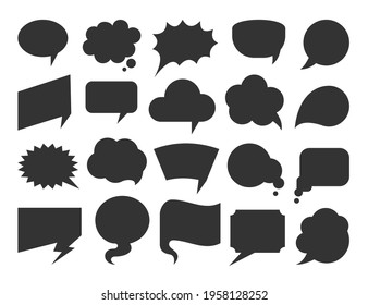 Speech bubble black flat set. Blank comic book text frames. Empty cartoon cloud balloon for chat message, social media dialog. Different shapes speak think design elements isolated on white background