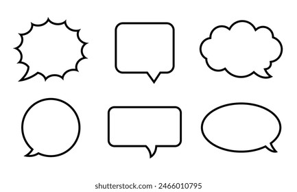 Speech bubble black line blank balloon set. Different outline geometric shape, cartoon element for chat, message box, talk, dialog, speak, comic retro empty contour background, thought banner