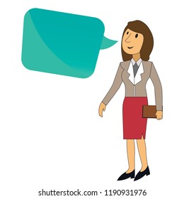 Speech bubble blank empty template Businesswoman sales girl social worker standing holding a book looking at something place your content thought bubble product sales and services