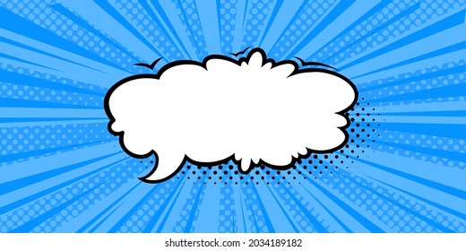 Speech bubble in blue halftone background. Promotion banner template with speech cloud in comic style. Vector illustration
