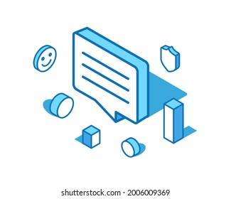 Speech bubble blue line isometric illustration. Review, feedback, comment 3D banner template.