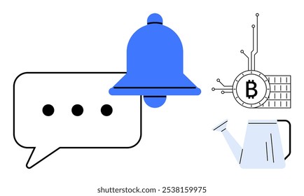 Speech bubble, blue notification bell, digital bitcoin symbol, and blue watering can. Ideal for technology, communication, cryptocurrency, notifications, and growth themes. Modern, clean, minimalist