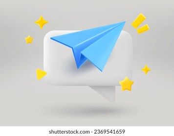 Speech bubble with blue plane. 3d vector illustration