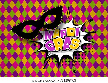 Speech bubble box colored comics text. Black mask carnival texture background. Mardi Gras - Fat Tuesday carnival carnival in a French-speaking country. Comic book cartoon vector illustration pop art.