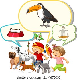 Speech bubble with boys andpets illustration