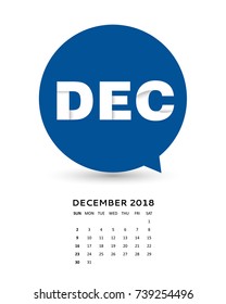 speech bubble calendar 2018, week starts Sunday