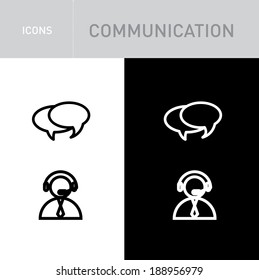 speech bubble and call center service; communication icons isolated on white and black background