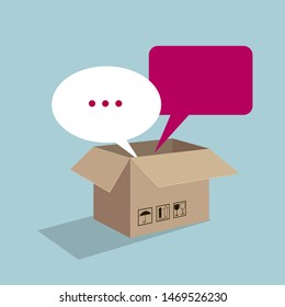 Speech bubble in a cardboard box. Isolated on blue background.