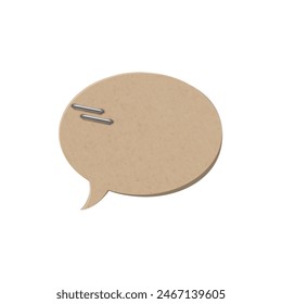 Speech bubble cardboard textured with staples vector illustration. Rounded text bubble shape cut from brown craft paper. Vintage parchment chat message icon, dialogue cloud isolated on white