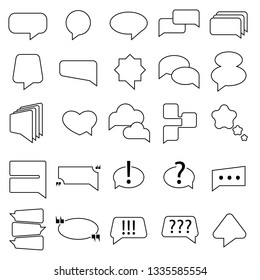 Speech bubble. Cartoon objects of thought and speech. Plate for text. Icons for mobile, website, books and comics. Linear style on white background. Vector illustration.