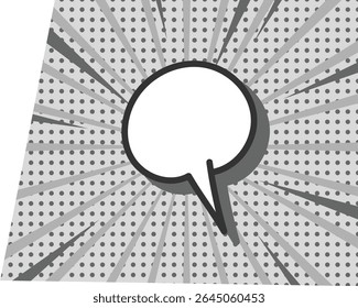 Uma bolha de fala centralizada em um plano de fundo pontilhado com linhas radiais em estilo cômico. O tema pop art melhora o efeito dinâmico da composição. Ilustração de vetor de desenhos animados.