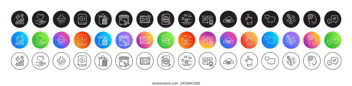 Speech bubble, Certificate and Engineering line icons. Round icon gradient buttons. Pack of Approve, Cursor, Delivery truck icon. Swimming pool, Shopping bags, Hold heart pictogram. Vector