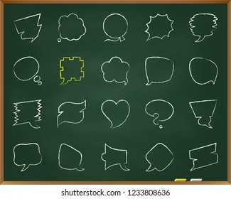 Speech bubble chalk icons set. Outline web sign kit of comic tell. Chat linear icons of rectangle text frame, double cloud. Hand drawn simple dialog template symbol on chalkboard vector Illustration