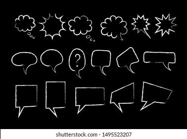 Speech bubble chalk marker set vector illustration. White color chalked collection, hand drawn rectangle and round clouds with chalk style lines for social media talk or message scribble