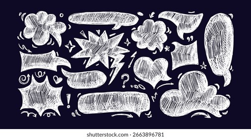 Conjunto de tiza de burbuja de discurso. Flecha Grunge, boom, diálogo. Nube de diálogo de textura de crayón aislada sobre fondo negro. colección dibujada a mano de Vector para diseño de habla