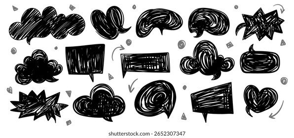 Speech bubble chalk vector set, hand drawn crayon doodle balloon kit, cloud message. Talk dialog communication frame, hearts, arrow, question. Chalk marker speech bubble drawing box. 