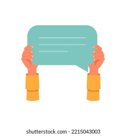 Burbuja de discursos o globo de chat, manos aisladas con el cartel vacío con espacio de copia. Expresión de pensamientos, demostración o retroalimentación. Vector de dibujos animados planos