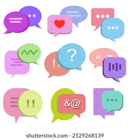 Burbuja de discurso, globo de chat, mensajes de conversación, comunicación de texto en línea en la ilustración de símbolos de Vector. Concepto de diálogo de discusión, icono de burbuja de pensamiento etiqueta de conversación estilo de dibujos animados cómicos.