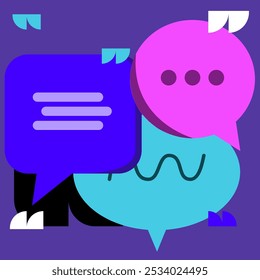 Burbuja de discurso, globo de chat, mensajes de conversación, comunicación de texto en línea en la ilustración de símbolos de Vector. Concepto de diálogo de discusión, icono de burbuja de pensamiento etiqueta de conversación estilo de dibujos animados cómicos.