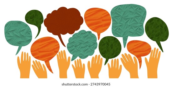 Speech bubble chat box frame and hand holding paper speak dialogue balloon. Text sticker crumpled template for talk and conversation. Doodle collage, message flat vector illustration
