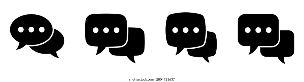 Speech bubble chat icon set. Black double message clouds with three dots, dialogue and forum communication symbols.