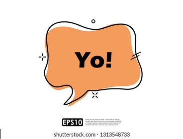 Speech bubble chat icon in trendy geometric style for communication, greetings, fun. Vector design template, text easily editable and replaceable. Sample greetings in various languages.