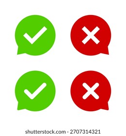 Speech bubble with check with cross mark. Approval and rejection message symbol