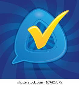 Speech bubble with an check mark on dynamic blue background, vector illustration