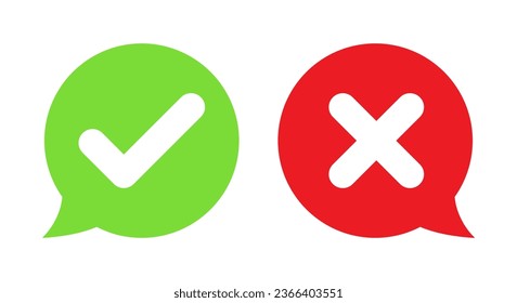 Burbuja de voz con verificación y x vector de icono cruzado en estilo plano