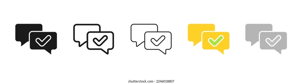 Speech bubble with checkmark set icon. Tick, cross. massage sent, successful, success, done, checked, approved. Verified concept. Vector five icon in different style on white background